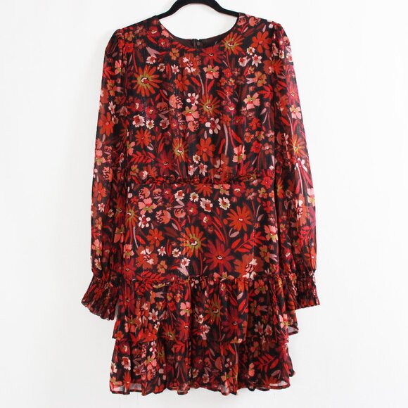 Aqua Metallic Floral Print Tiered Mini Dress - Picture 2 of 16